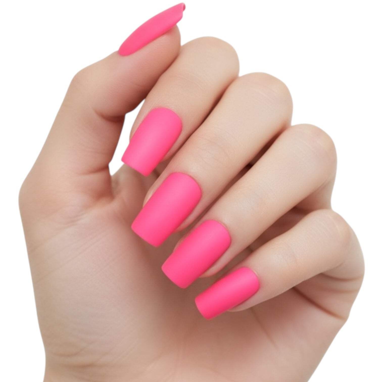 Hot Pink Matte Square Long Fake Glue On Artificial False Tips Press On Nails Set