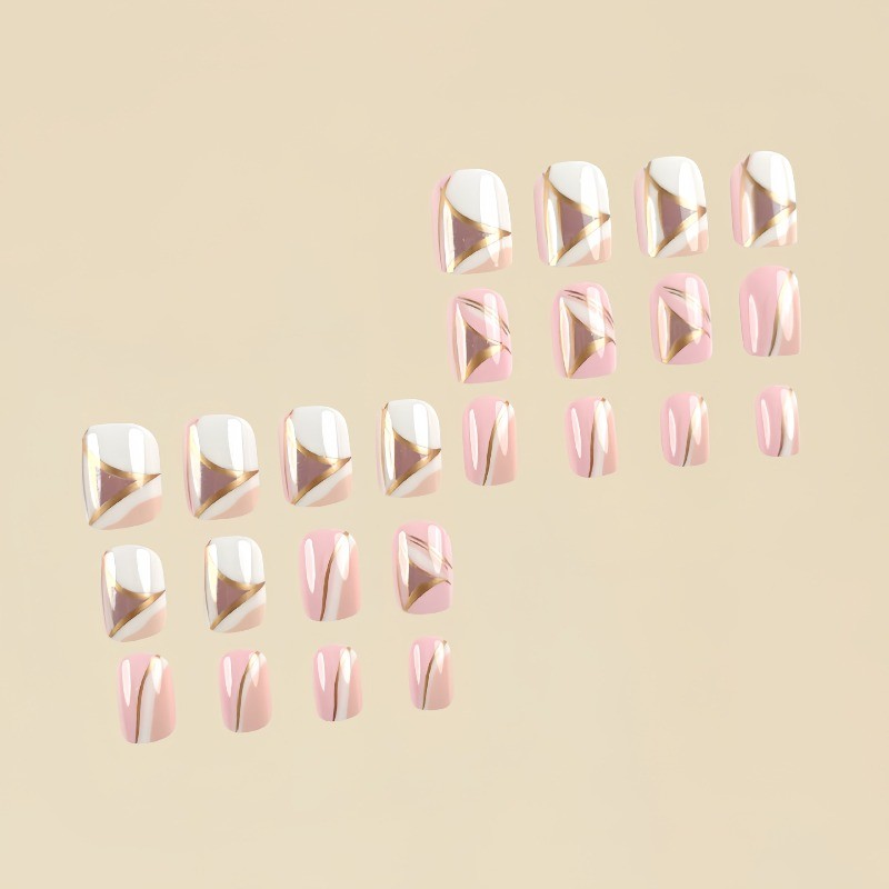 48Pcs-Medium Square Nude White Geometric Gold Line Gradient Press on Nails Set