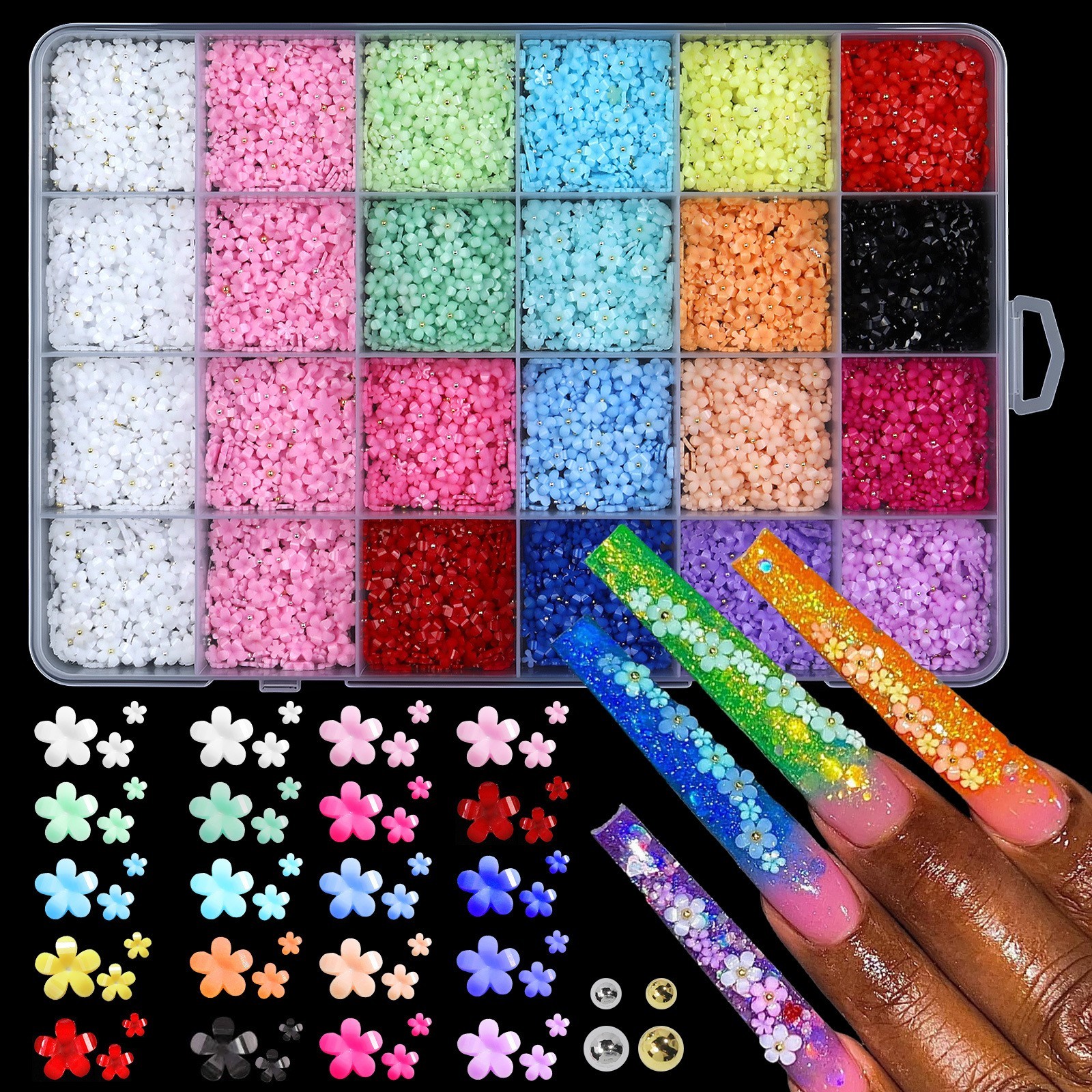 6/12/24 Grids 3D Nail Art Decoration Kit Resin Flower Bead Shapes For DIY Nails