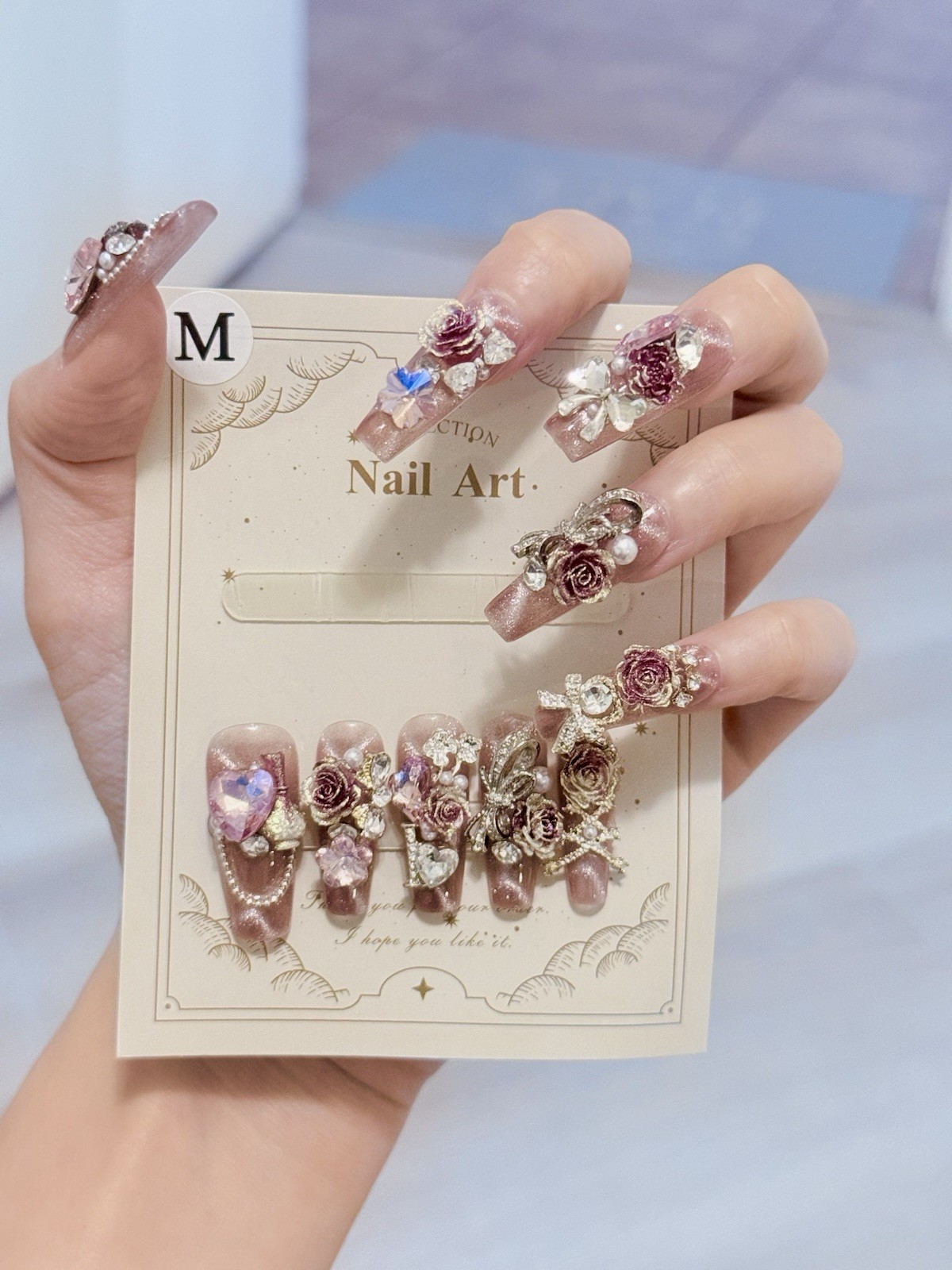 10pcs Handmade Rose Fake Nail Press On/Glue On Nails Size M(Read Description)