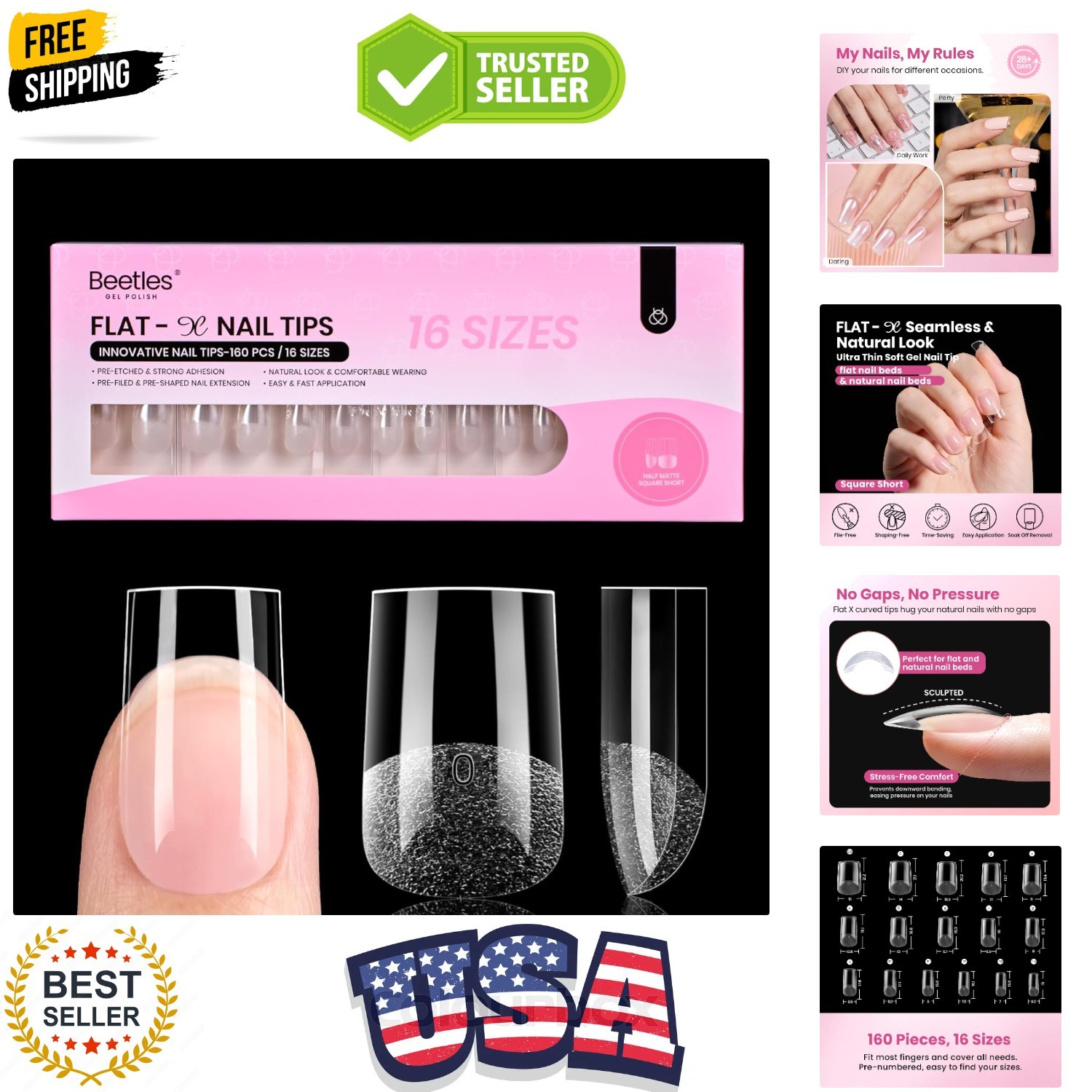 Beetles Gel Nail Tips Flat-X – Square Short, 160pcs 16 Sizes, Pre-Etched Half…