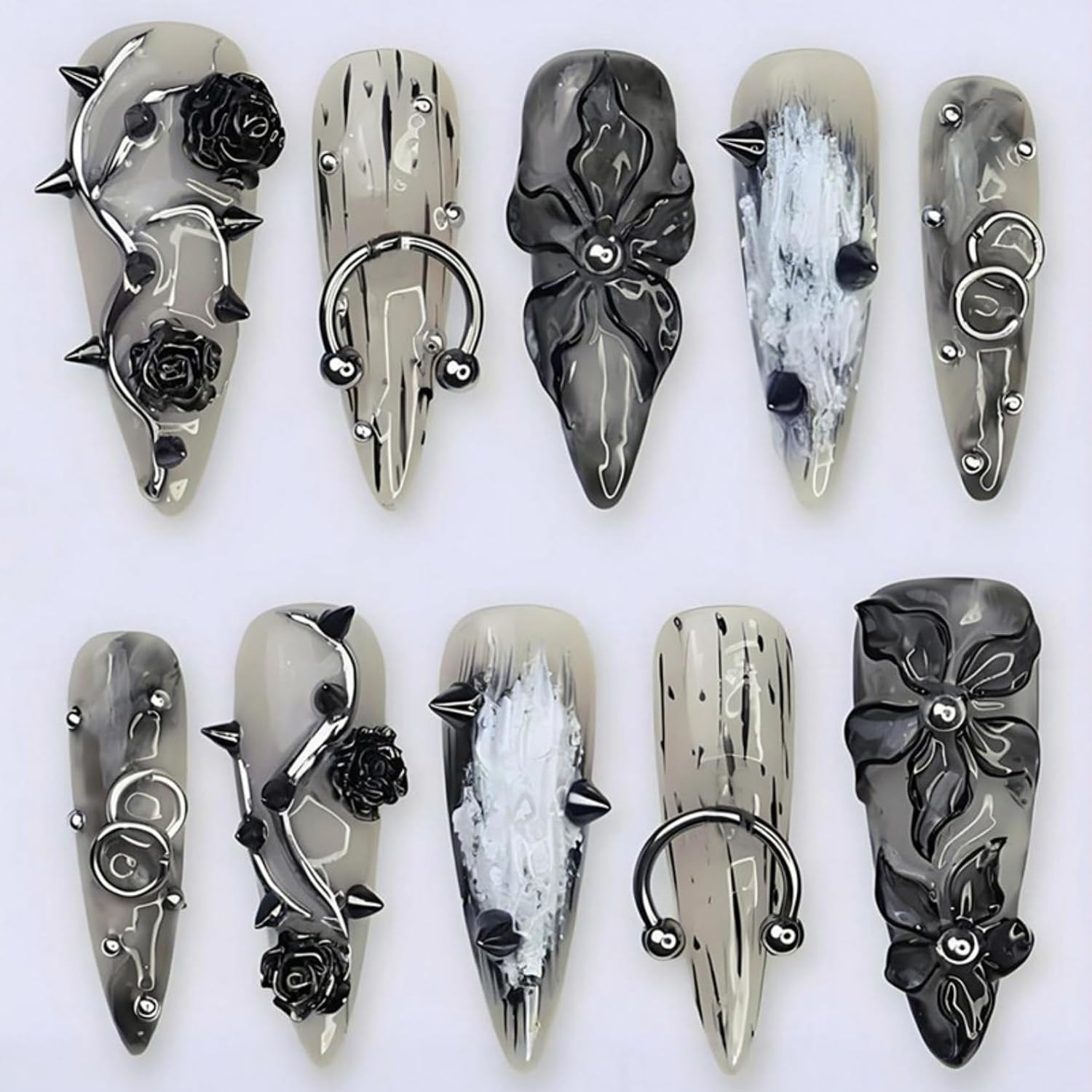 Gothic Punk Style Press on Nails with Black Roses, Metal Spikes & Chains Long Al