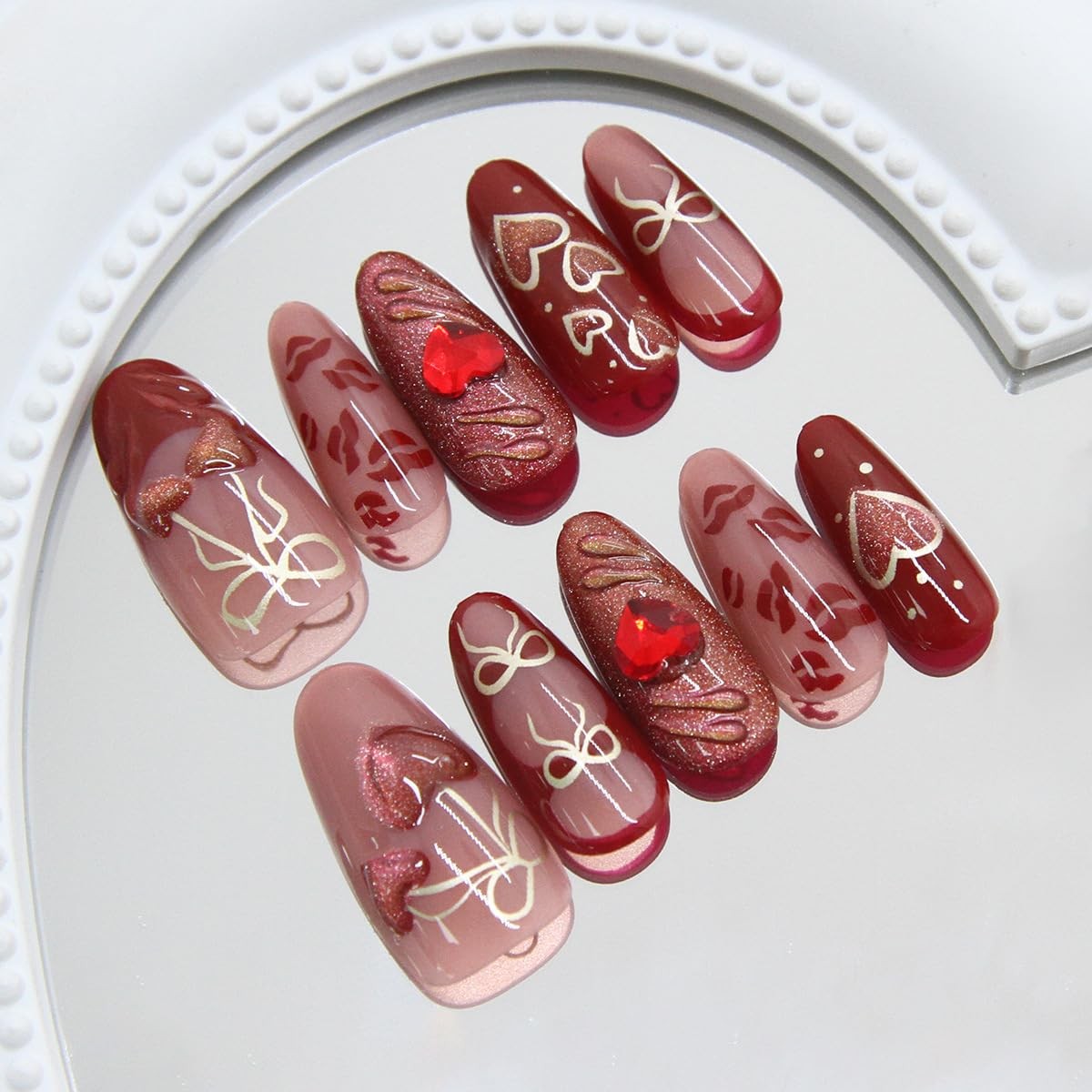 Mkwntg Heart Fake Nails-5 Rhinestone Cherry Bow