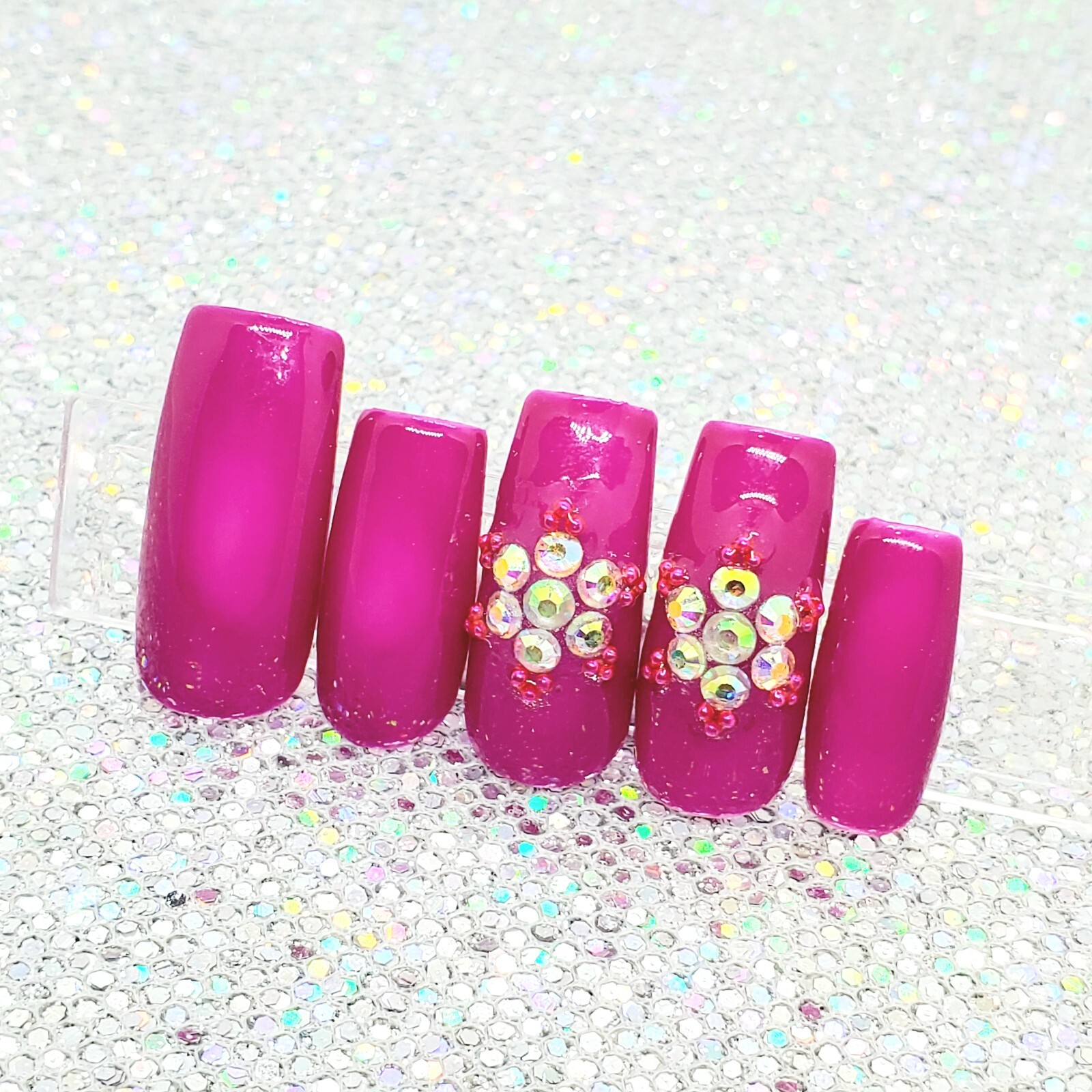 Hot Pink To White Color Change Rhinestone Flower Press On Nails Handmade Gel