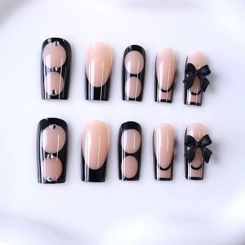 24 Pcs Reusable Black Bow Press On Nails – Glossy French Tips for Every Occasion