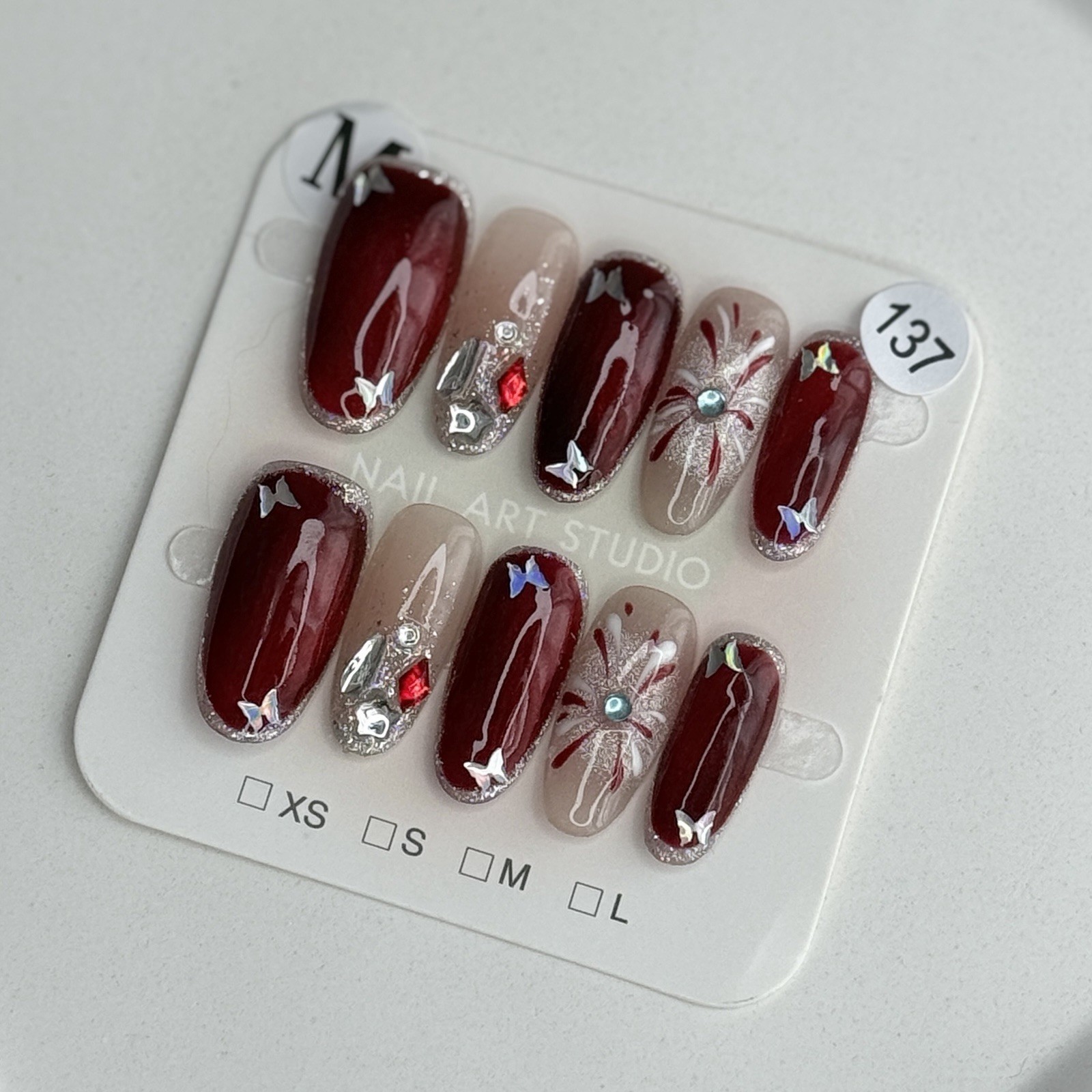 Handmade Red Fireworks Butterfly Press-On Nails Medium Oval SizeM Reusable