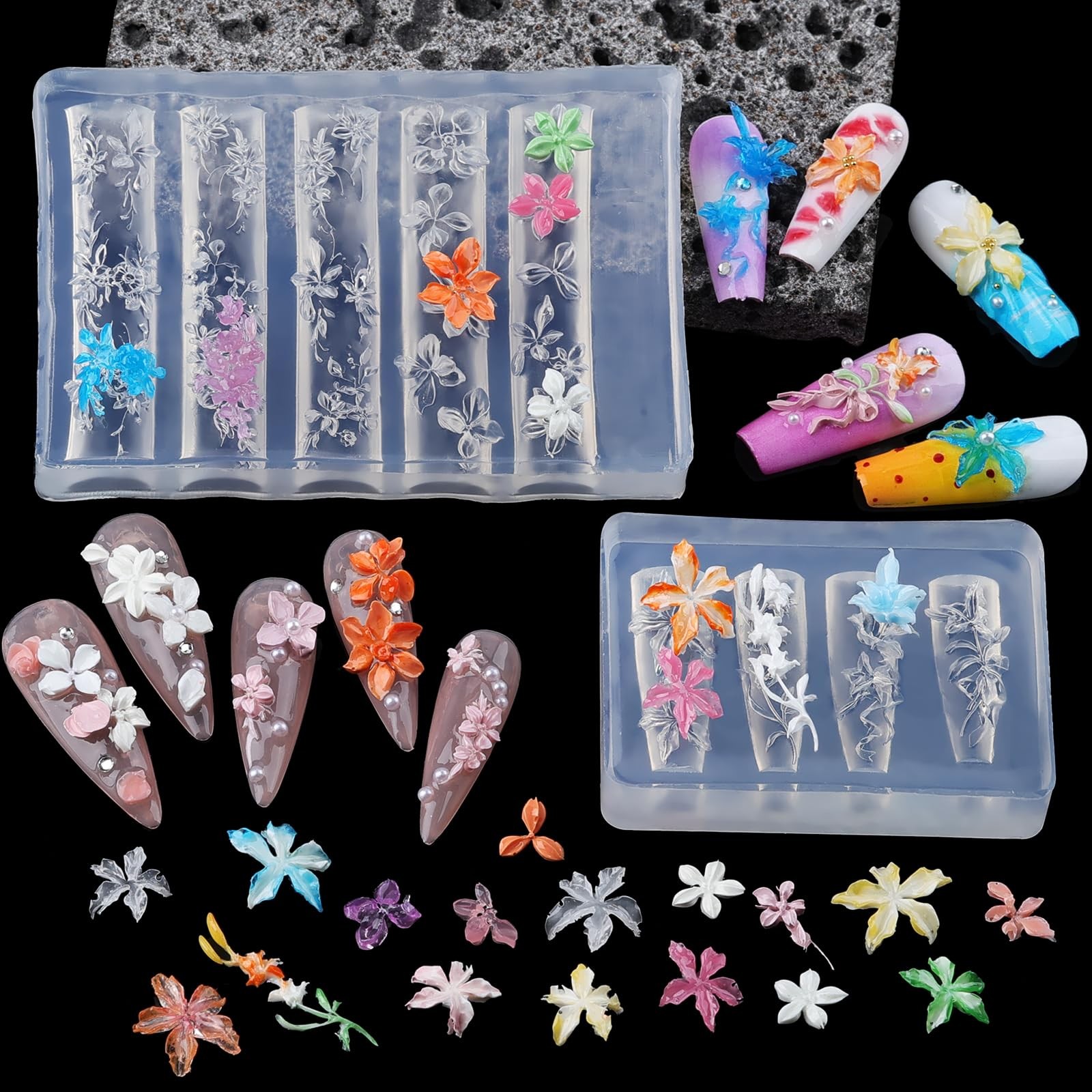 2 Pcs Flower Silicone Nail Art Molds, 3D Spring Summer Flowers Nail Charms Mo…