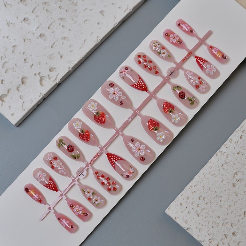48Pcs-Long Almond Nude Hand Painted Strawberry Ladybug Flower Press on Nails