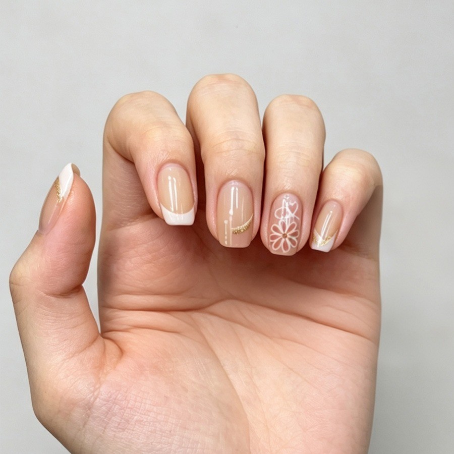 48Pcs-Medium Square Nude White French Flower Gold Tiny Rhinestone Press on Nails