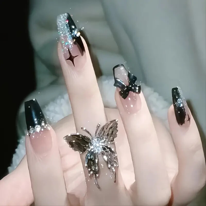 New – 3D Rhinestones Nails Full Cover Stick 24 pcs ( Black Bow Rhinestones ) US