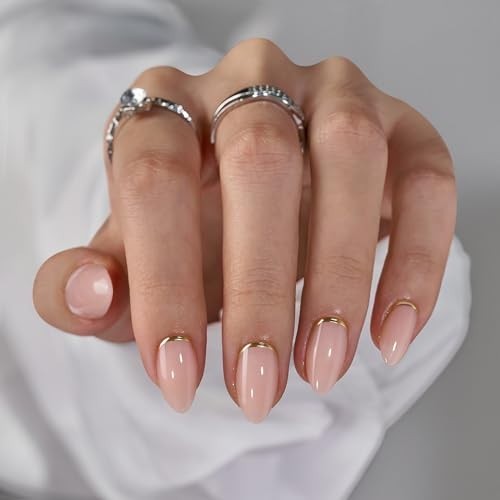 Almond Press On Nails Kit – Short Gold Foil Soft Gel Glue-On Nails, 32 Pieces, 1