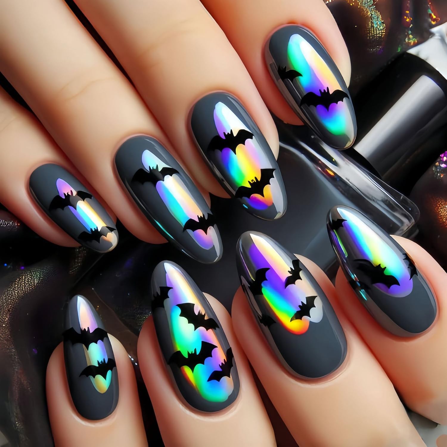 Rainbow Halloween Press on Nails Medium Almond Fake Nails Halloween Black Bat…