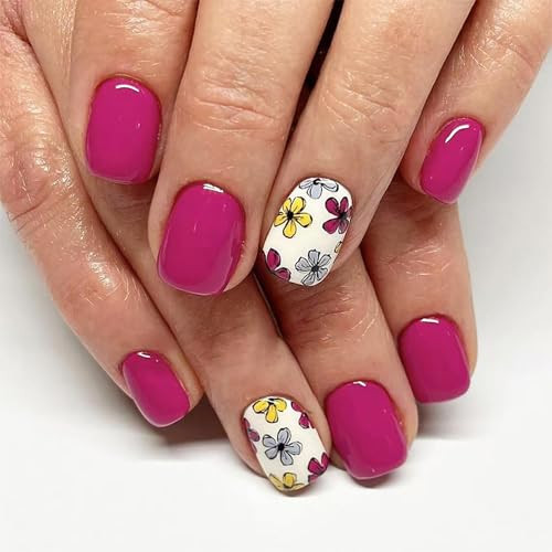 24Pcs Spring Press on Nails Cute Flower Fake Nails Short Square Acrylic A51