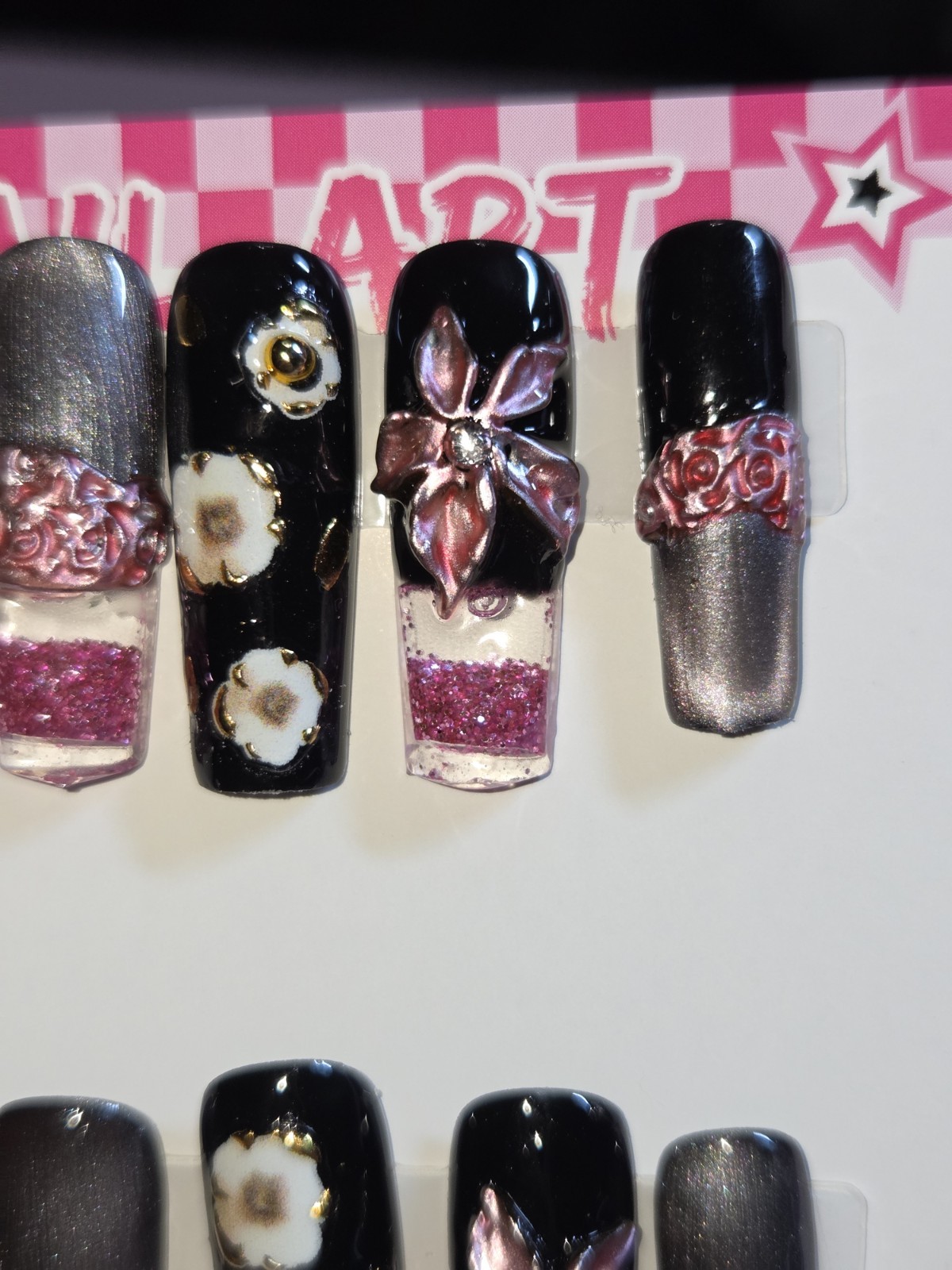 Press On Nails Handmade Medium Hot pink black hot pink water nails