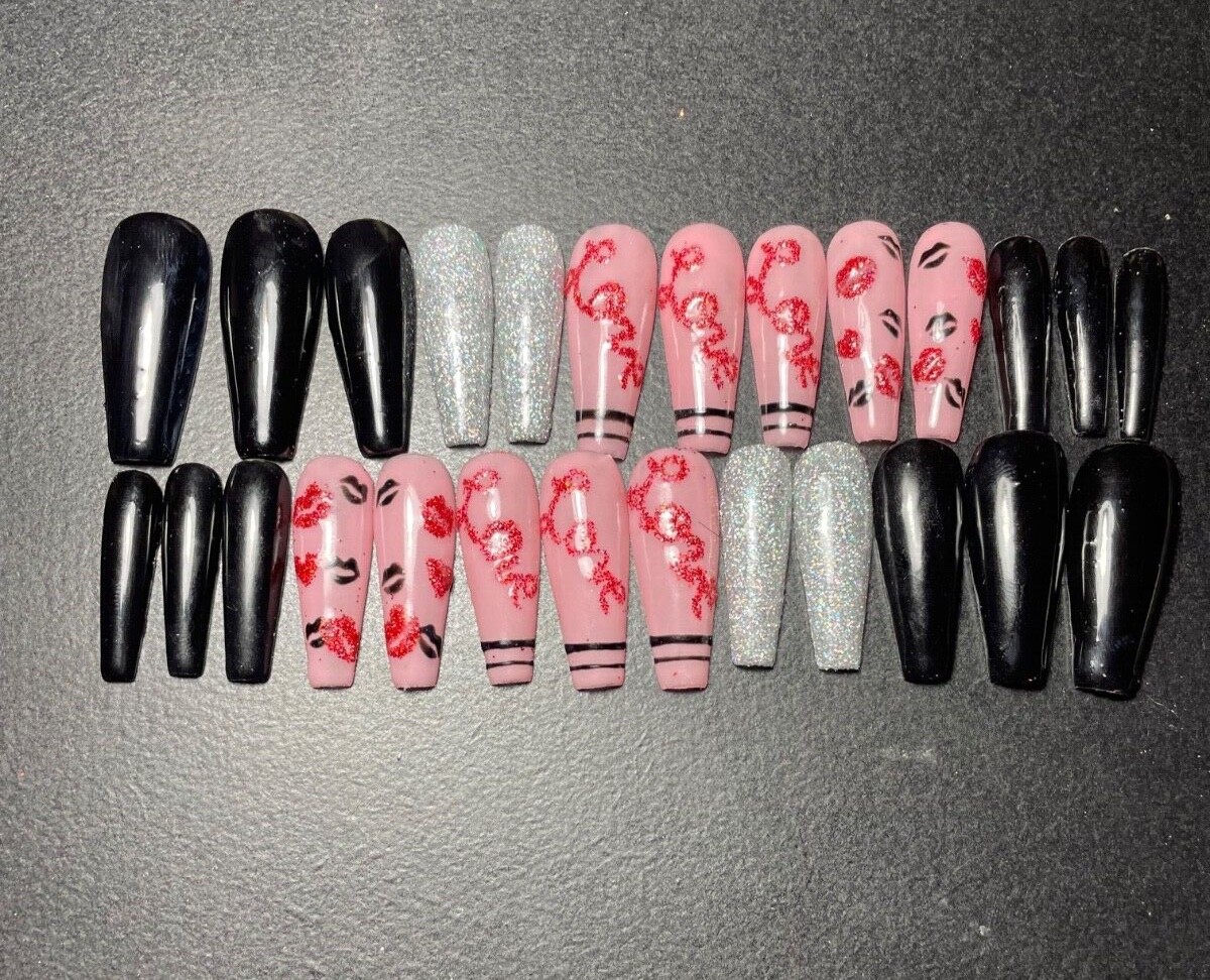 custom press on nails coffin 26 long lips love pink black sparkle silver heart