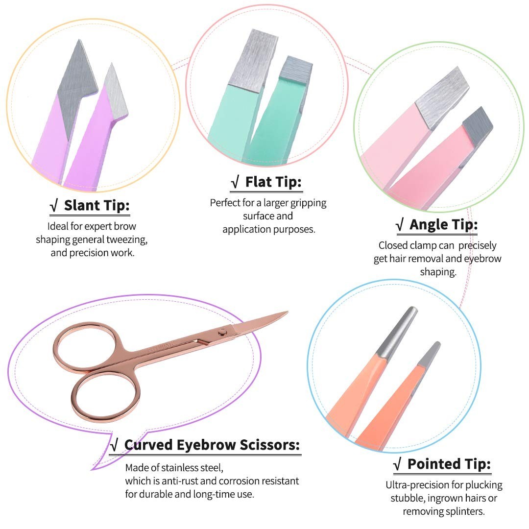 6 PCS Tweezers Set for Women, Eyebrow Tweezers with Curved Scissor w/ Case