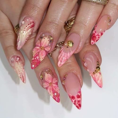 30Pcs Flower Press on Nails Long Almond French Tip Fake Flower French Nails 12