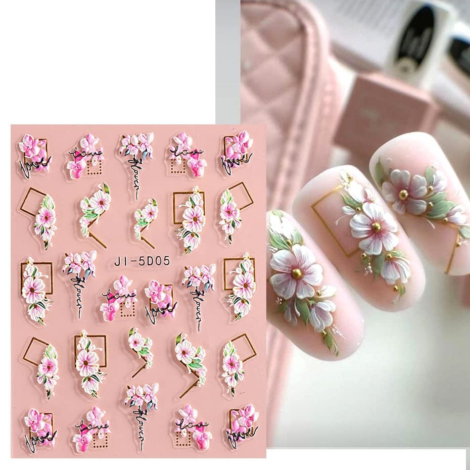 Self-Adhesive Summer Nail Art Stickers – 3D Floral & Leaf Patterns, Set of 4