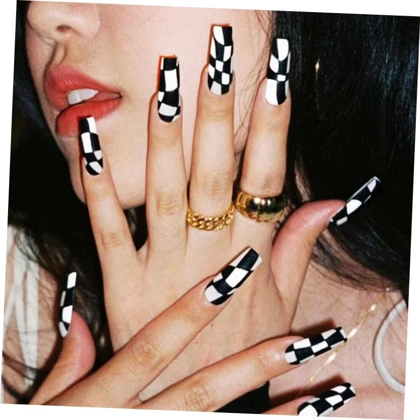 24Pcs Coffin Press on Nails Long White Fake Nails with Nail Glue Glossy Black