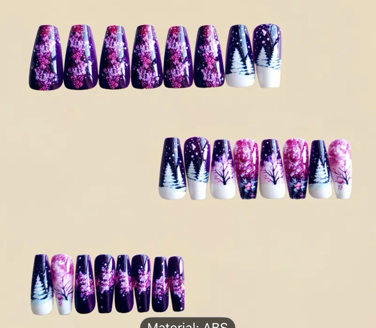 24 Pc Press On Nails Christmas Snow Scene Pink Purple White