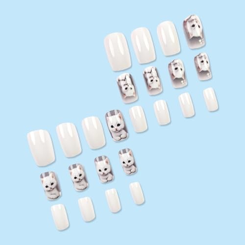 White Square Cute Cat Nails – Medium Square Cute Cat Press on Nails W6