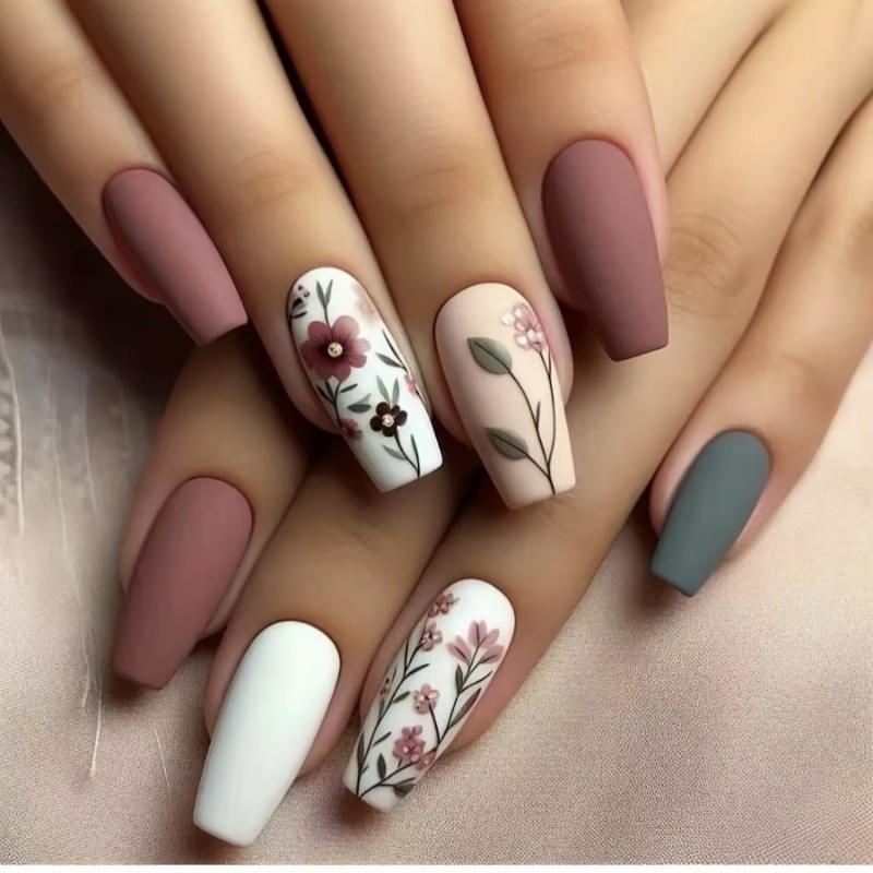 48PCS Side Women’s Nail White Series Brown Red Line Ballet Shaped Fake Nail Art