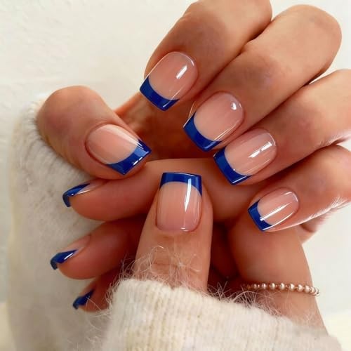 Short Press On Nails – Square French Tip – Royal Blue