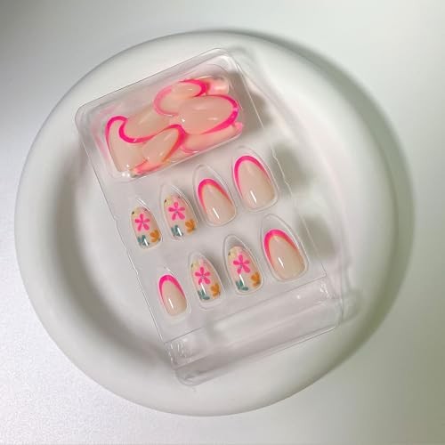 Pink French Press on Nails Almond Fake Nails with Flowers Flowers Designs-3