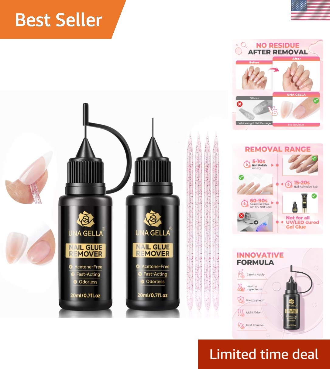 20ml x 2PCS Gentle Non-Acetone Nail Glue Remover for Effortless Press-On Removal