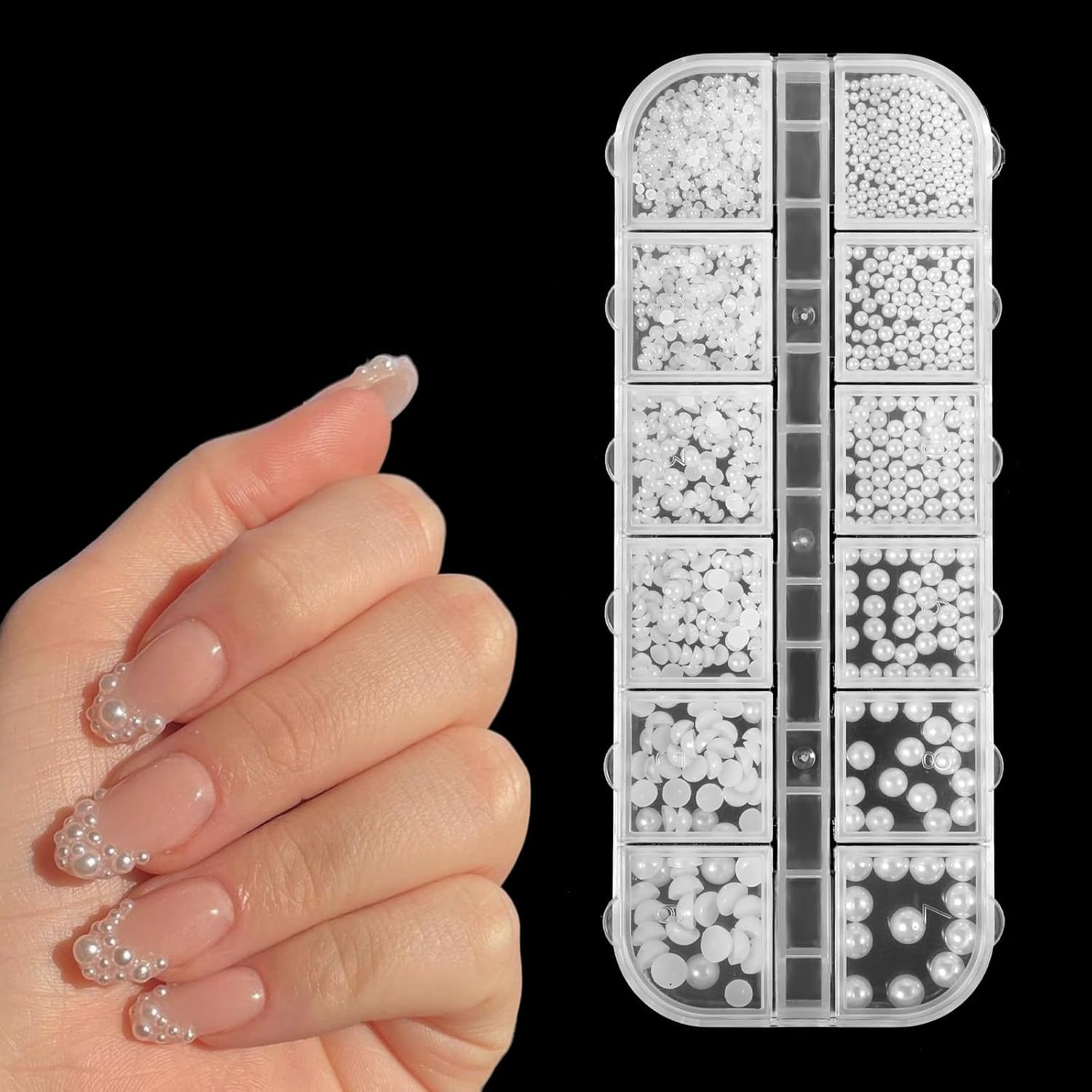 White Flatback Nail Pearls – 3D Charms for Manicure & DIY Design 12-Grid
