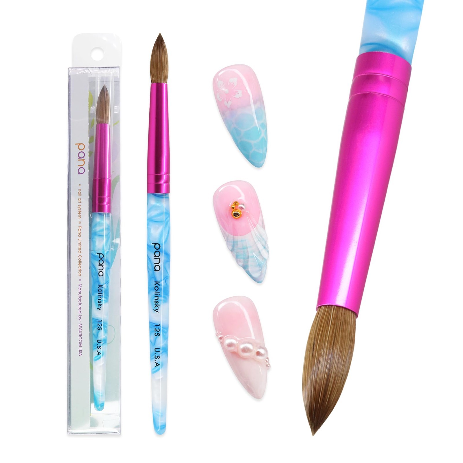 Acrylic Nail Brush Size 12 – Pure Kolinsky Hair, Round Shape, Blue Handle, Pink