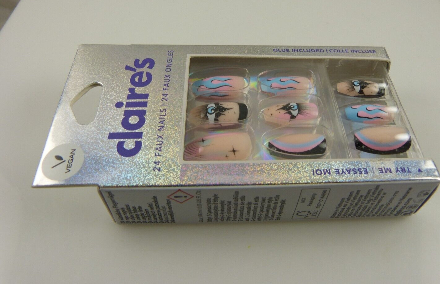 Claire’s faux false nails halloween goth evil eye flames pink blue black