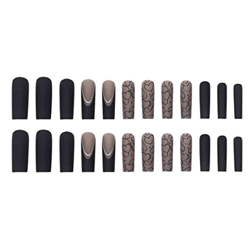 Black Press on Nails Long, LOVE Design Extra Long Clear Fake Square Black Nails
