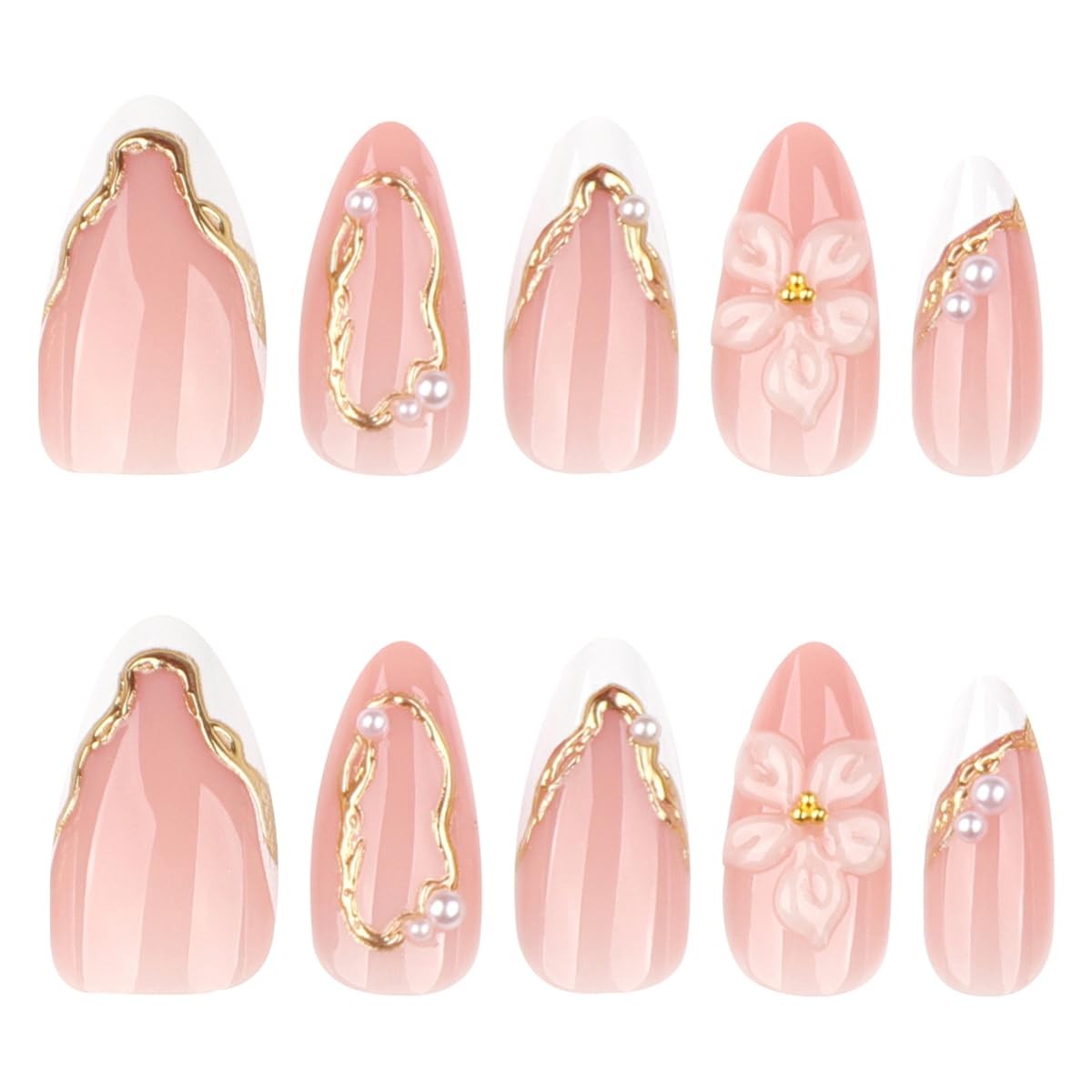 White and Gold Press On Nails – 3D Flower & Gold Lines & Pearls Design