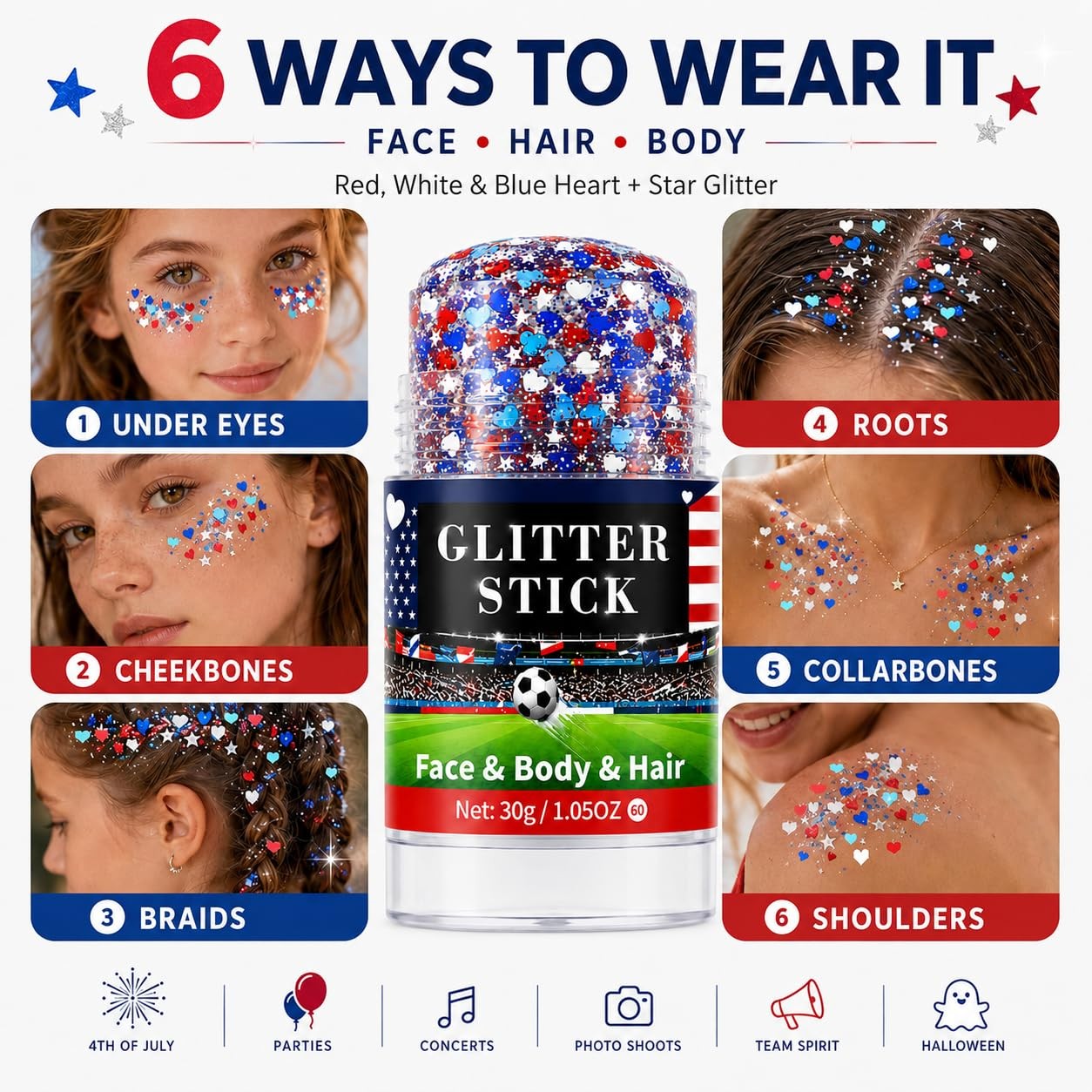 Red White Blue Glitter Stick for Hair Body, Waterproof Patriotic Glitter with…