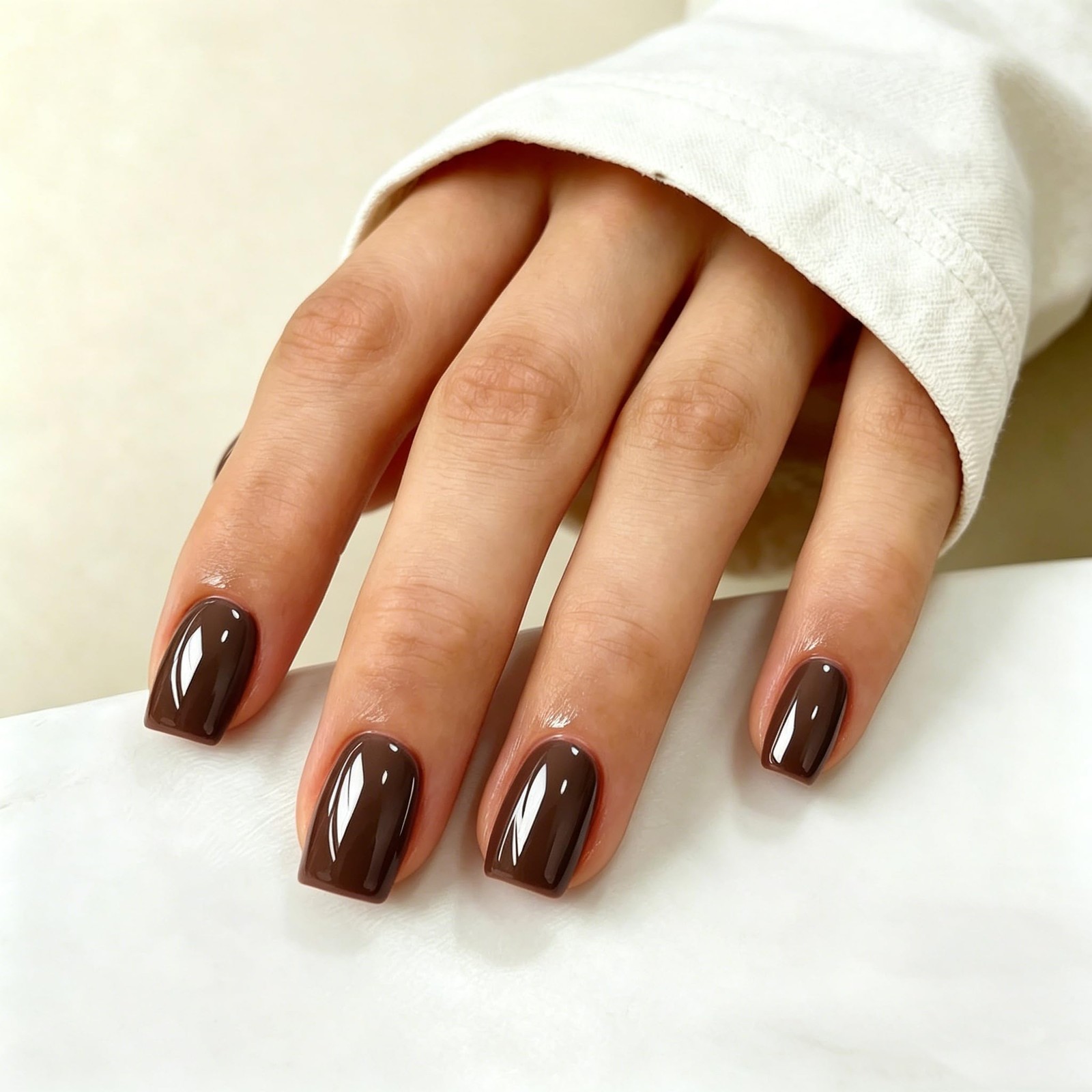 SXVME Short Square Brown Glazed Mirror Press on Nails 30 Pcs