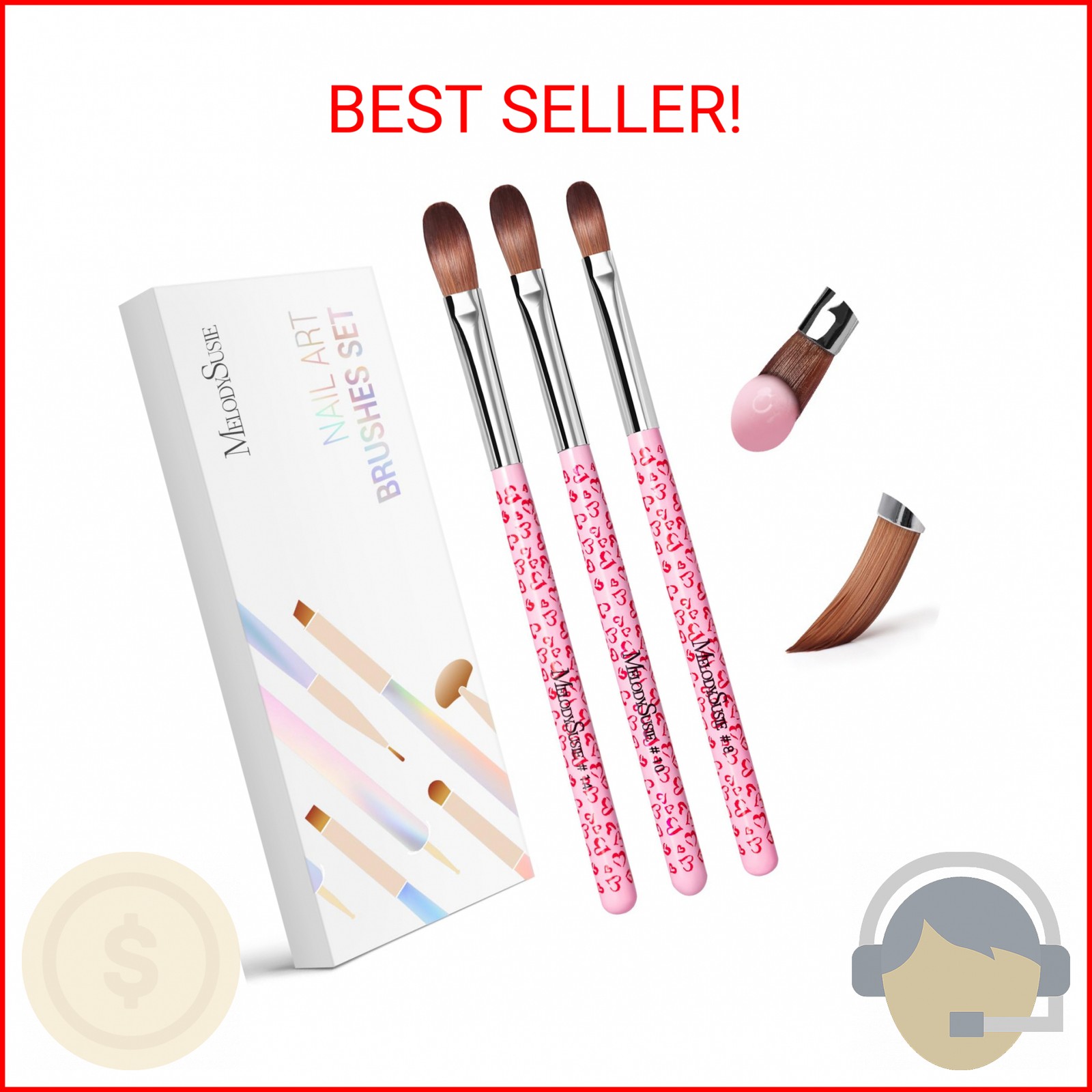 MelodySusie 3-Piece Acrylic Nail Brush Set – Sizes 8/10/14, Professional Nail Ar