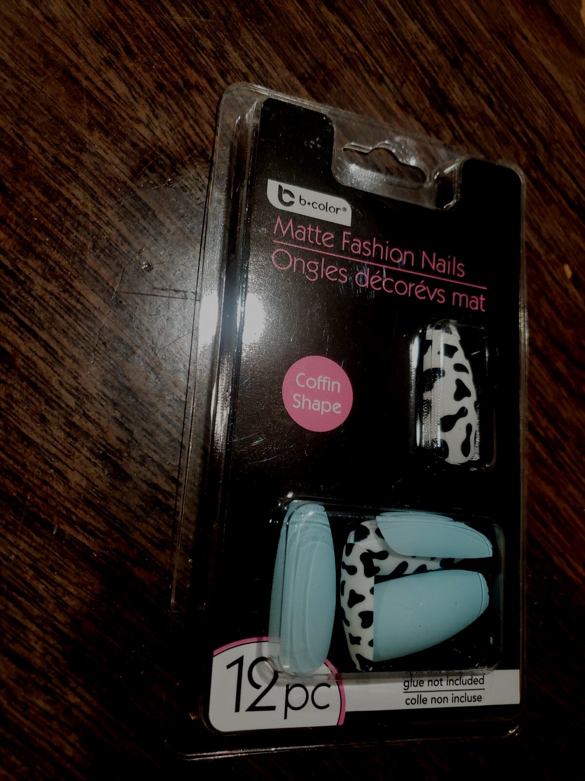 Fake nails:Blue&Cow Print Matte Coffin 12 PC.