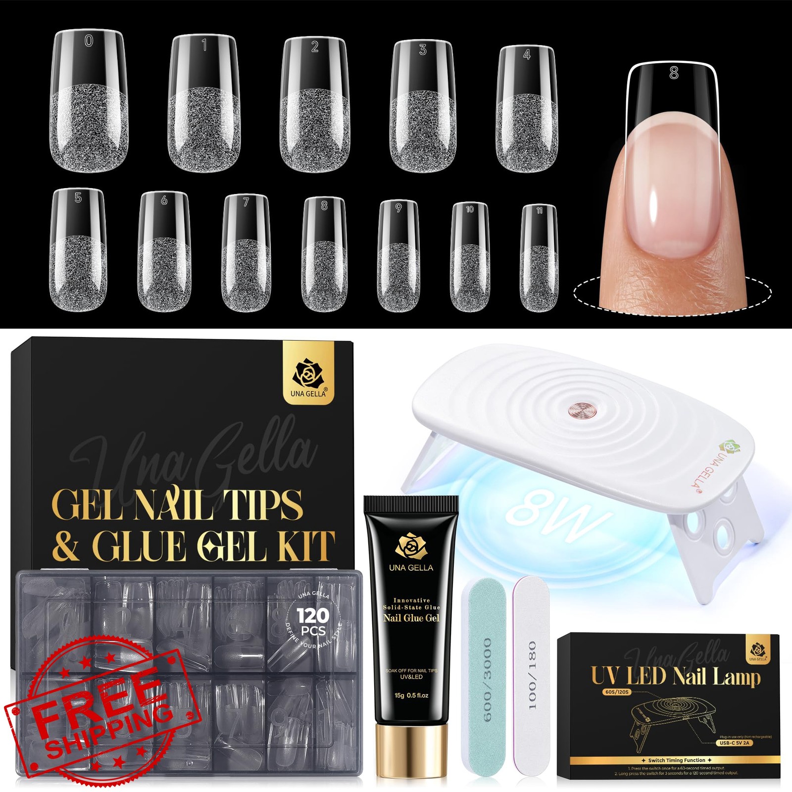 UNA GELLA Medium Square Gel Nail Tips 120pcs Kit Matte