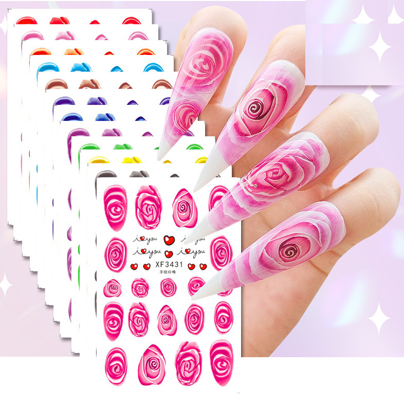 3D Adhesive Nail Art Decal Valentine Pink Red Rose Pattern Flower Stickers NH15