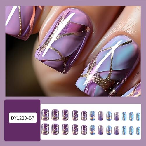 Blue Press on Nails Short Square Fake Nails Ombre False Nails Purple Gradient