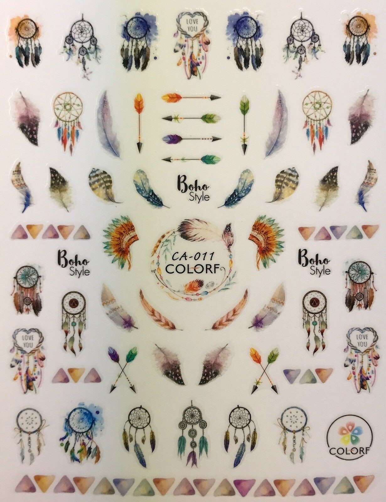 Nail Art 3D Decal Stickers Tribal Feathers Arrows Dreamcatcher Boho Style CA011