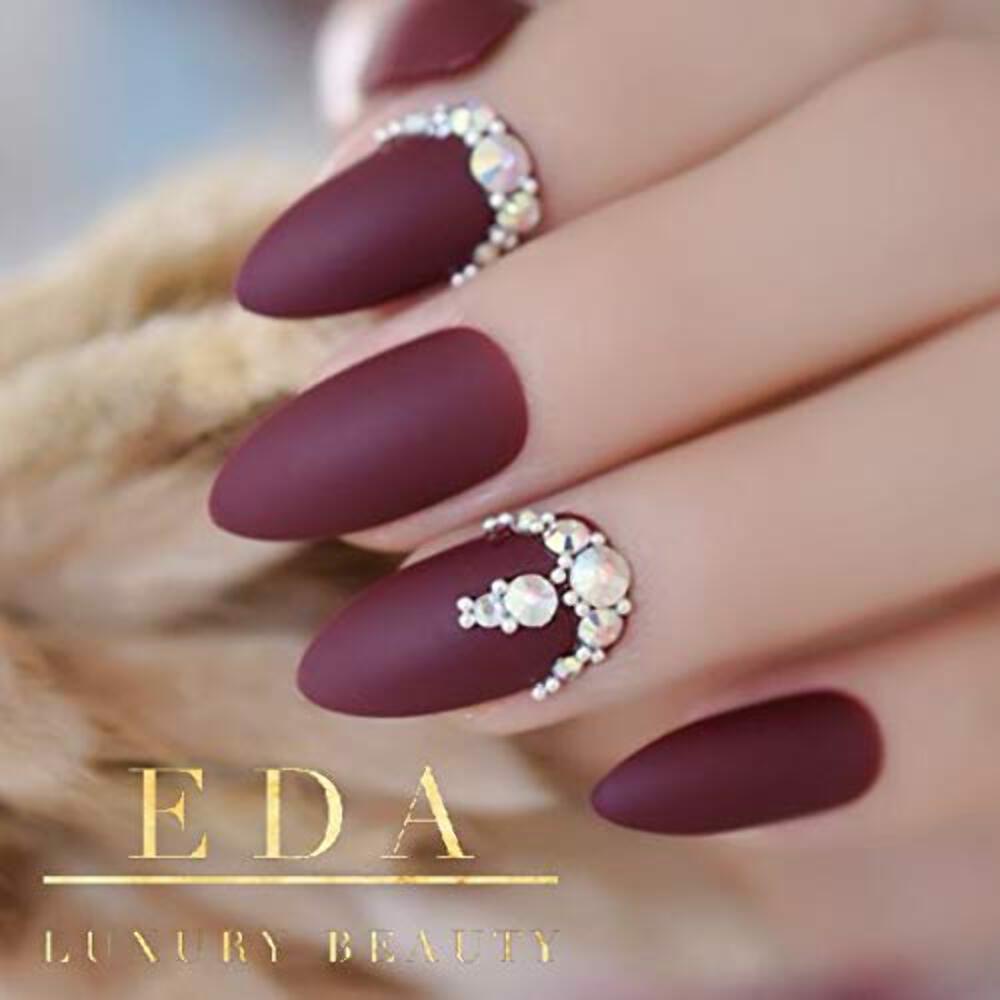 Diamond Red Burgundy 3D Crystal Design Matte Stiletto Long Press On Nails Set