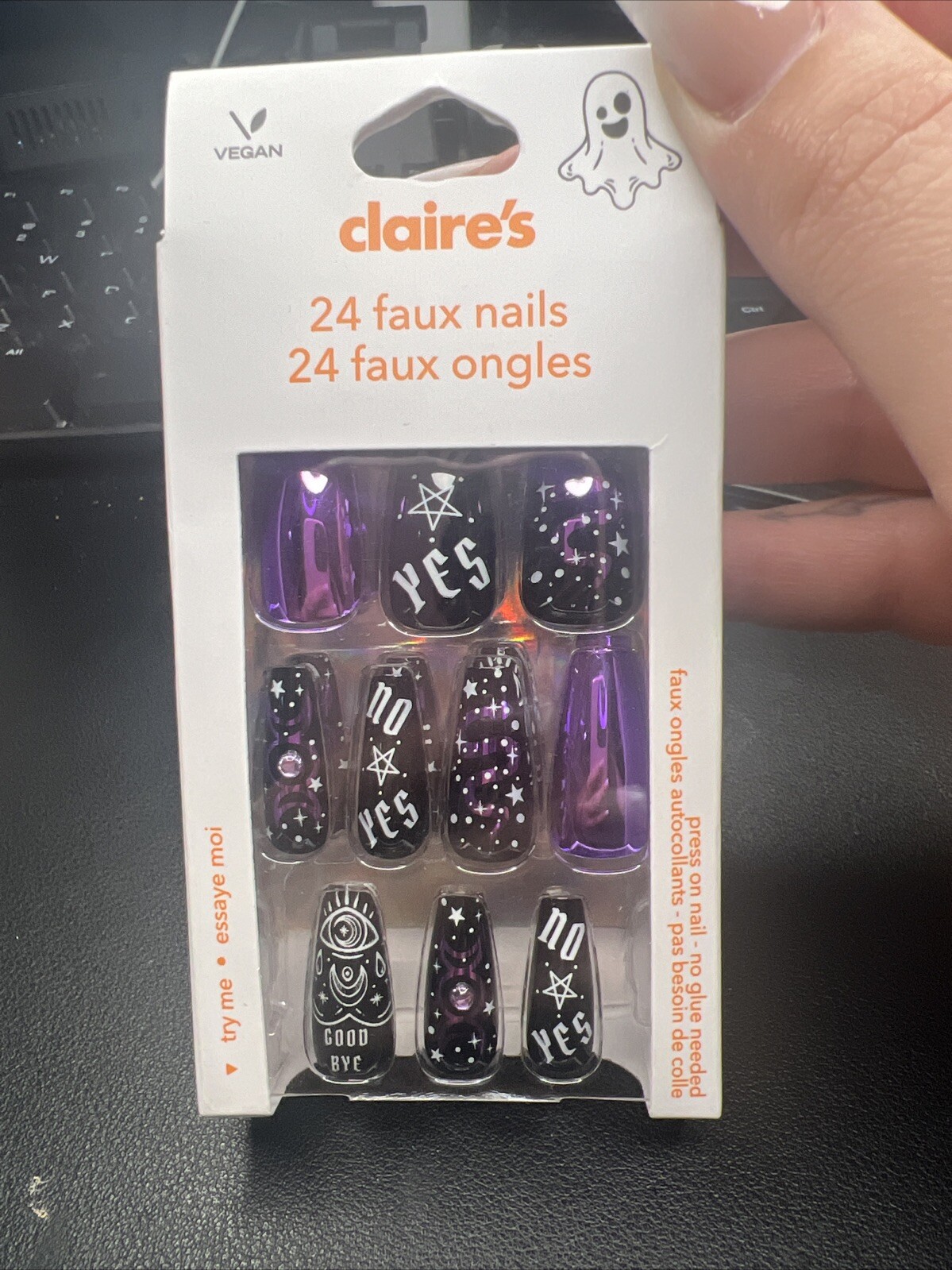 24pc Claire’s Fake False Press On Fortune Teller Purple Black Long Coffin Nails