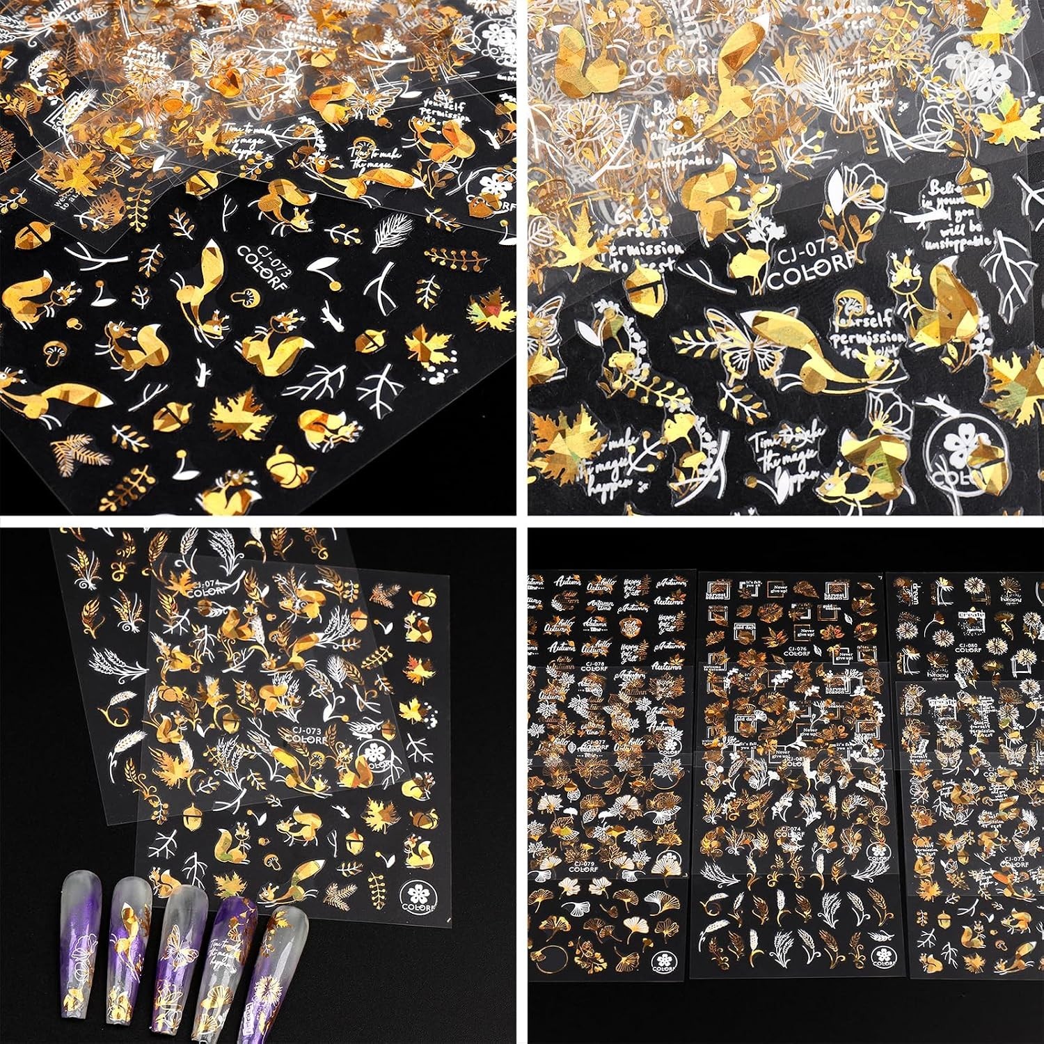 9 Sheets Bronzing Fall Nail Art Stickers 3D Glitter Metallic Maple Leaf Nail …