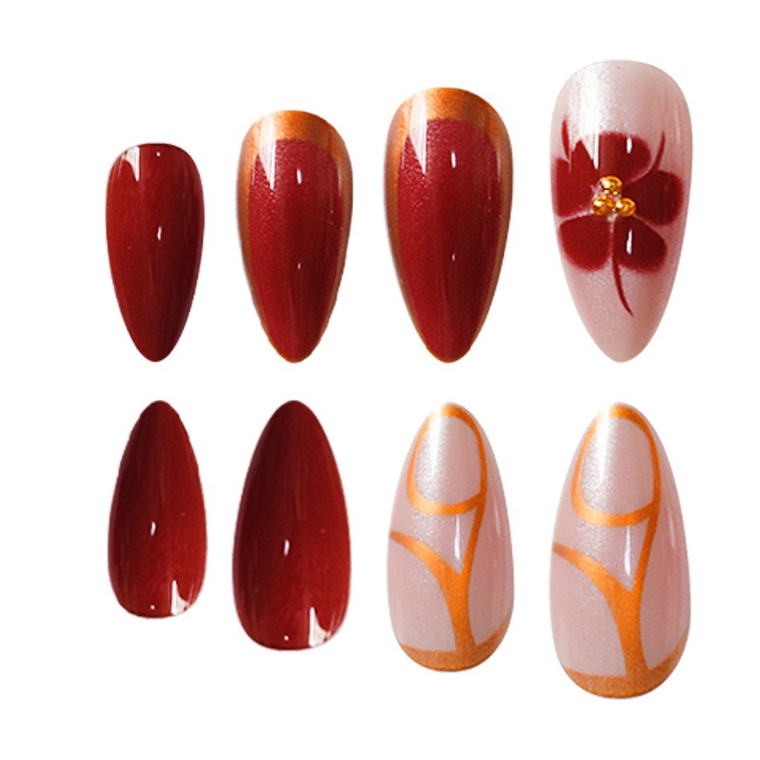 Red Gold Gradient Metallic Floral Line Nails INS Style Press On Nails Wholesale
