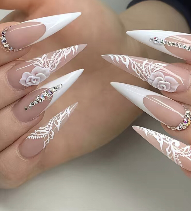 24 Piece White Lace Shiny Rhinestone Stiletto Press On Fake Nails French Wedding