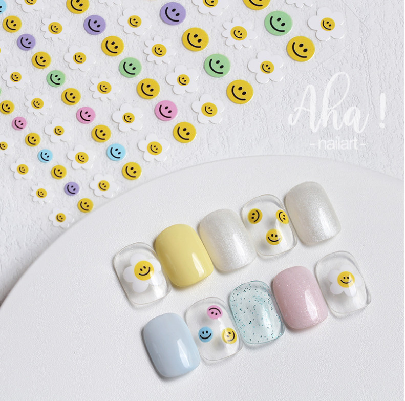 Nail Art 3D Decal Emoji Happy Smile Face Stickers Yellow White Daisy Flower NH20