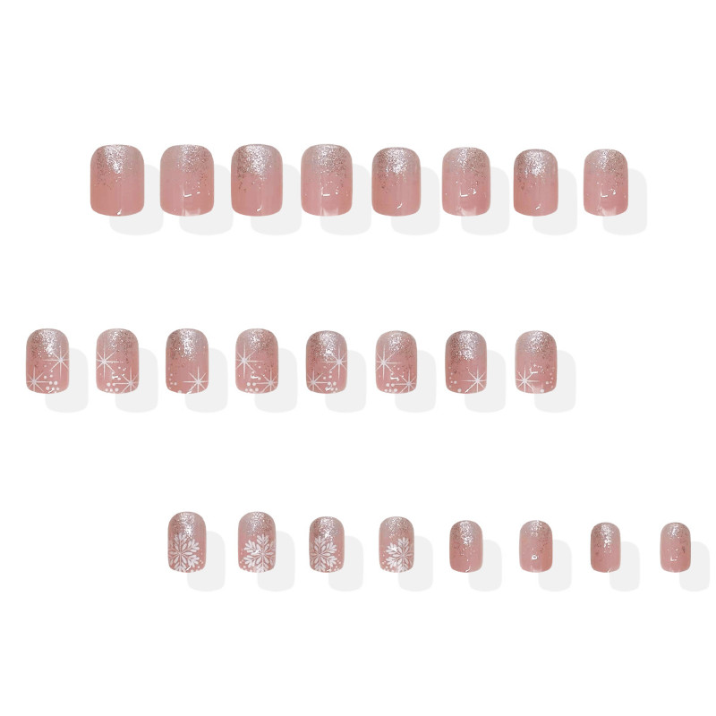 48 Pcs Silver Snowflake Pink Gradient Coffin Press on Nails, Elegant Fake Nails