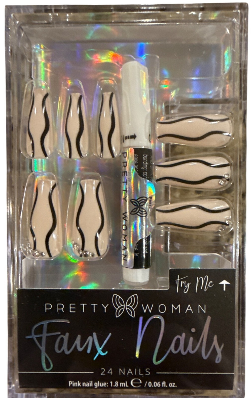 Pretty Woman 24 FAUX NAILS Long Coffin Glossy Nude+Black Wavy Stripes READ!!